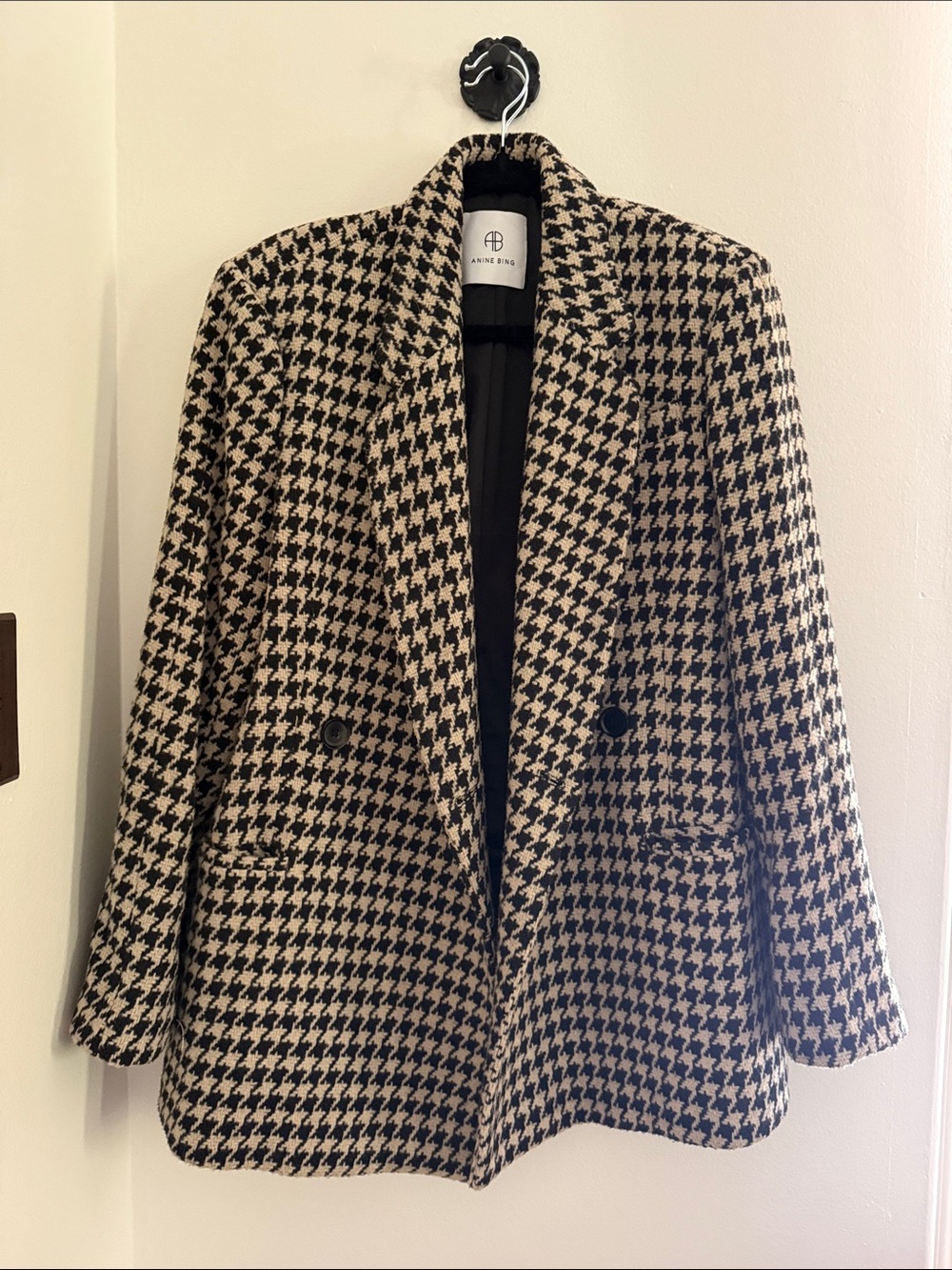 Anine Bing Kaia Black and Cream Houndstooth Blazer, XS